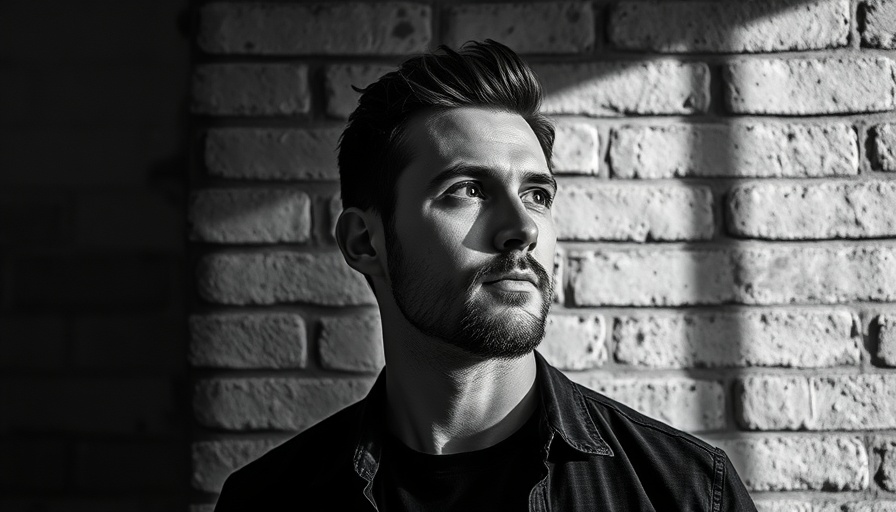 Thoughtful man in black and white portrait against brick wall.