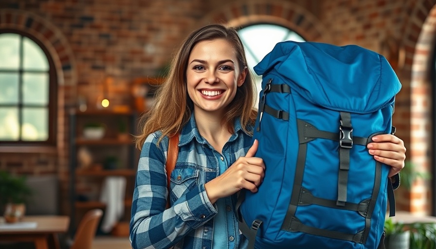 Woman showcasing hiking backpack for spring and summer.