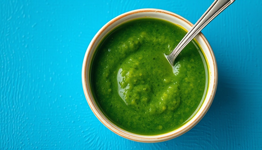 Vibrant bowl of green sauce on blue surface.
