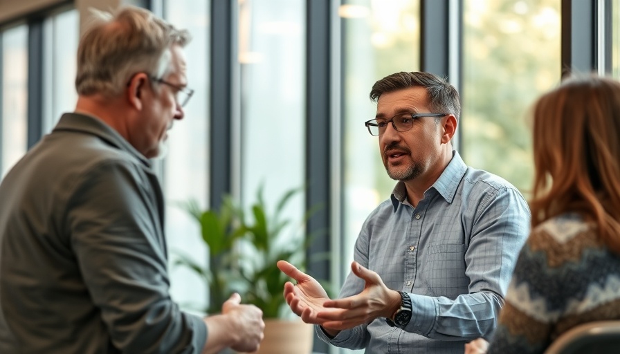 Middle-aged man explaining concepts in a modern office about AI in digital marketing.