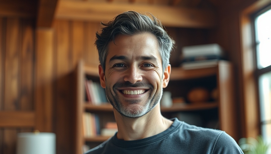 Lifelike man smiling indoors with warm home design background