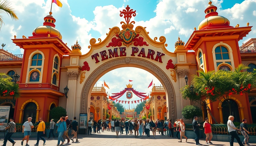 Vibrant theme park entrance with tourists in Orlando.