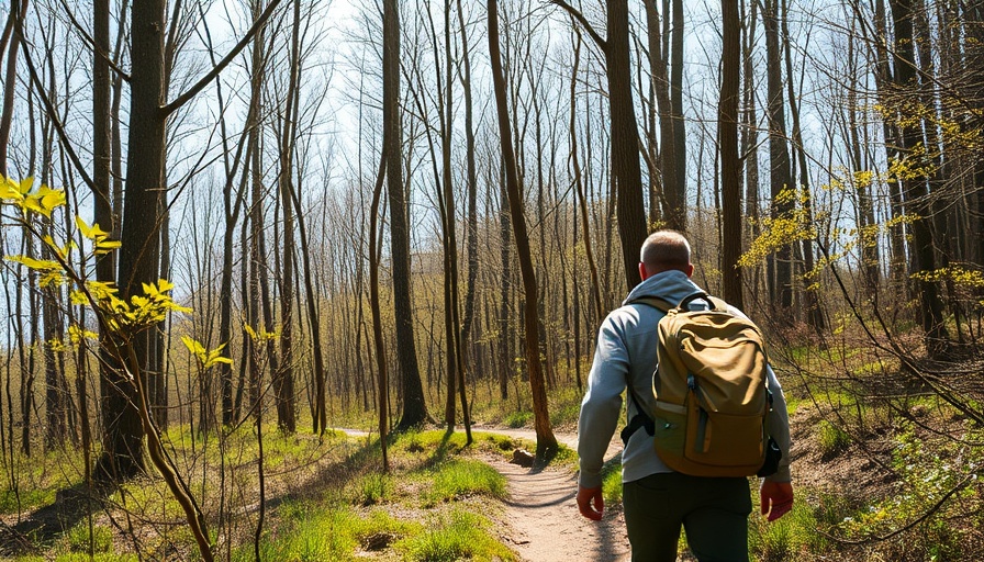 Woman hiking and birdwatching on a forest trail.
