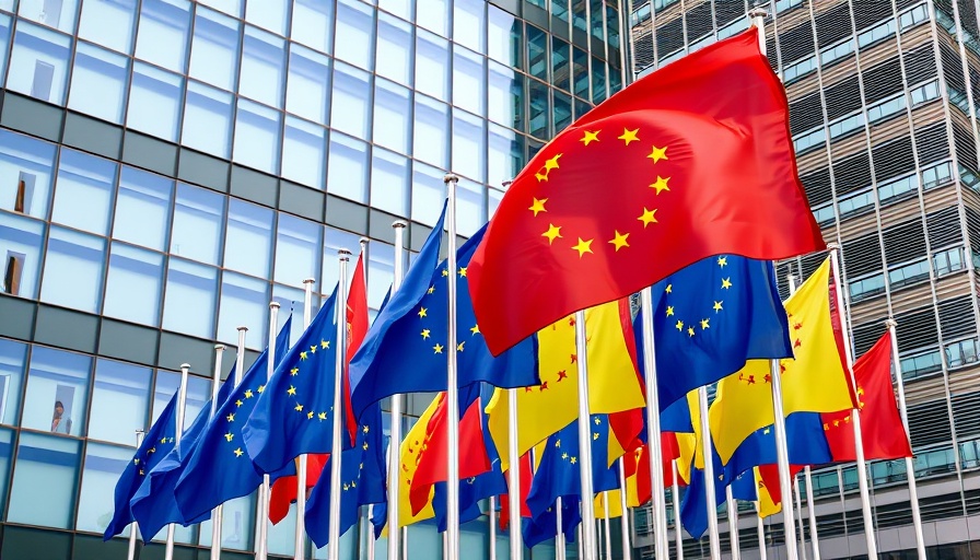 EU flags waving in front of a modern building, latest AI news 2025.
