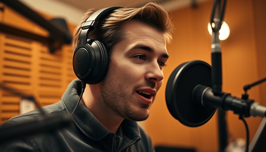 Podcast host discussing business insights in a studio, how to use AI in business growth.