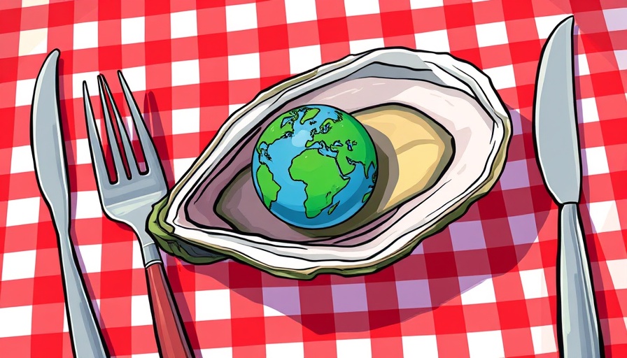 Abstract illustration of oyster and globe on checkered tablecloth, depicting Eating Like a Local When Traveling.