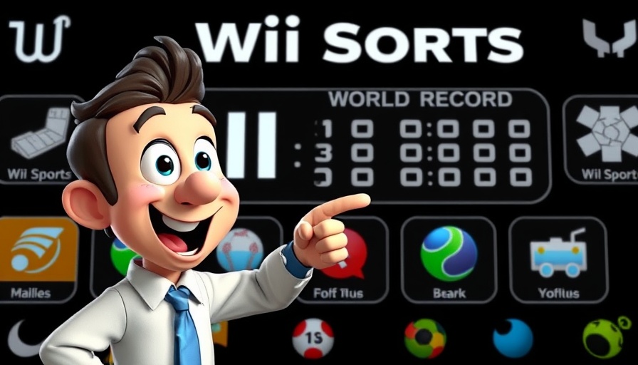 Cartoon character pointing at Wii Sports record with icons.