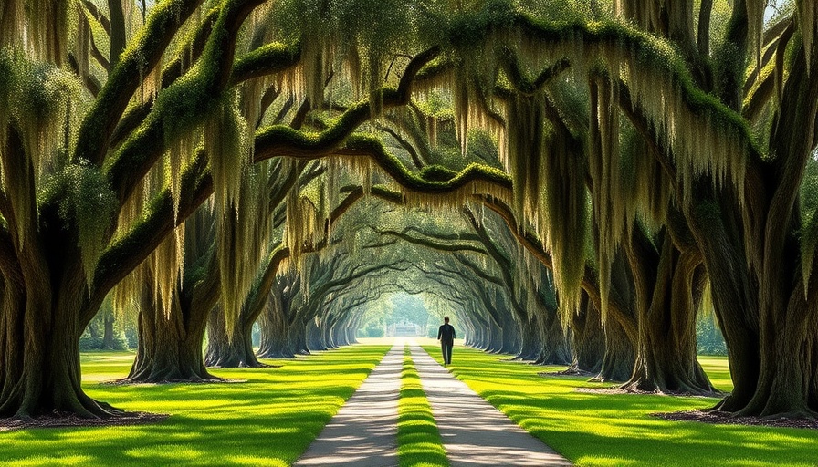 Tranquil oak-lined path in South Carolina with Spanish moss.
