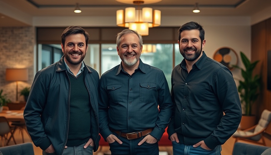 Three men in a mid-century modern home design setting, smiling.