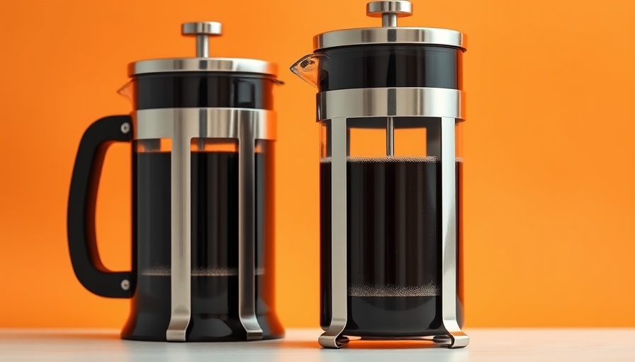 Stylish French press coffee makers on orange background.