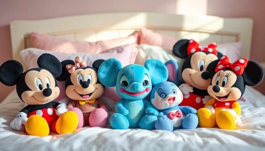 Disney Store Japan Plush Collection arranged on a bed in soft light.