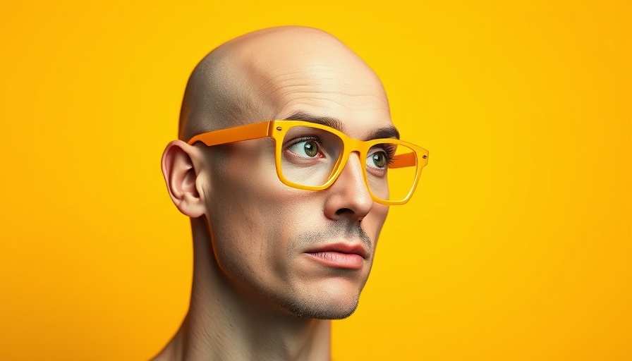 Bald man with yellow glasses pondering on yellow background, fostering curiosity in education.