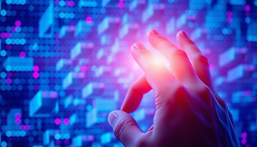 Pixelated hand using smartphone with vibrant blue and purple lighting, representing AI automation for entrepreneurs.