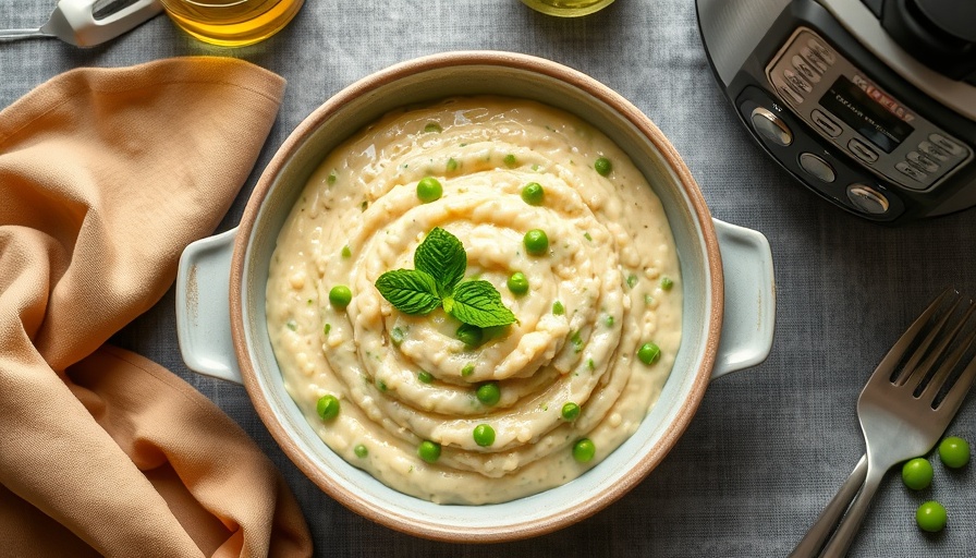 Rice cooker risotto recipes with mint and peas on grey tablecloth.