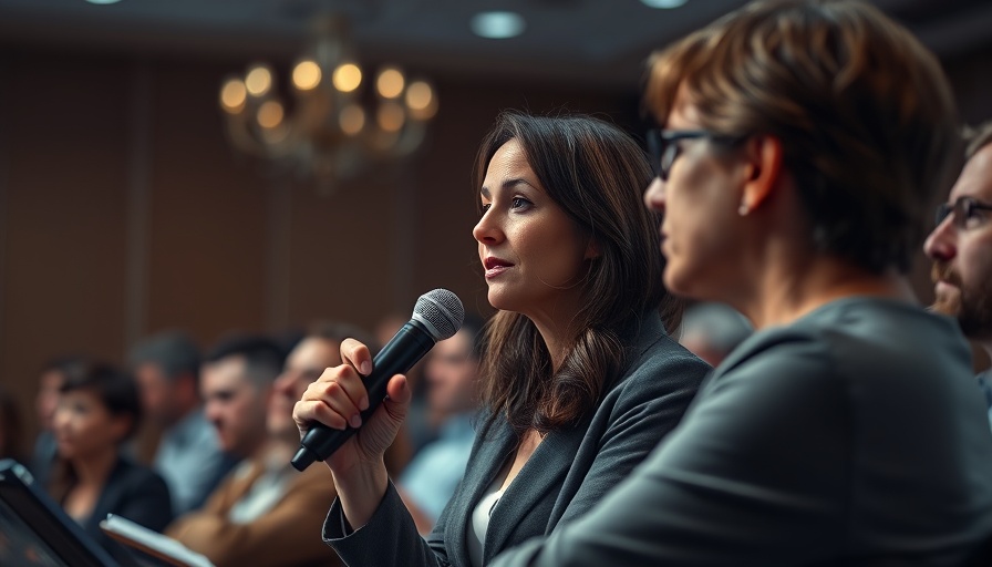 Professional woman presenting at a business conference.
