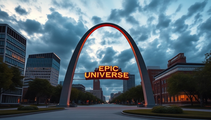 Epic Universe Portal with illuminated sign at dusk, tour dates and locations backdrop.
