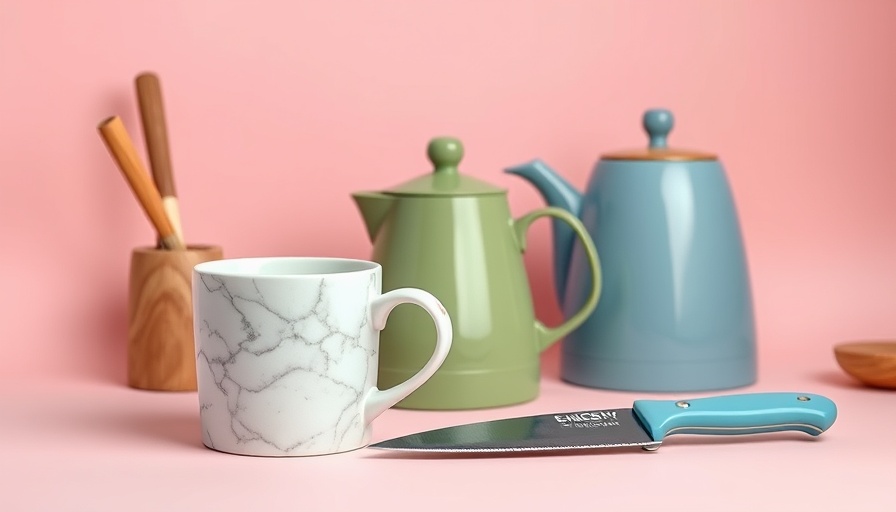 Mother's Day kitchen gifts: ceramic mug, green kettle, blue-handled knife.