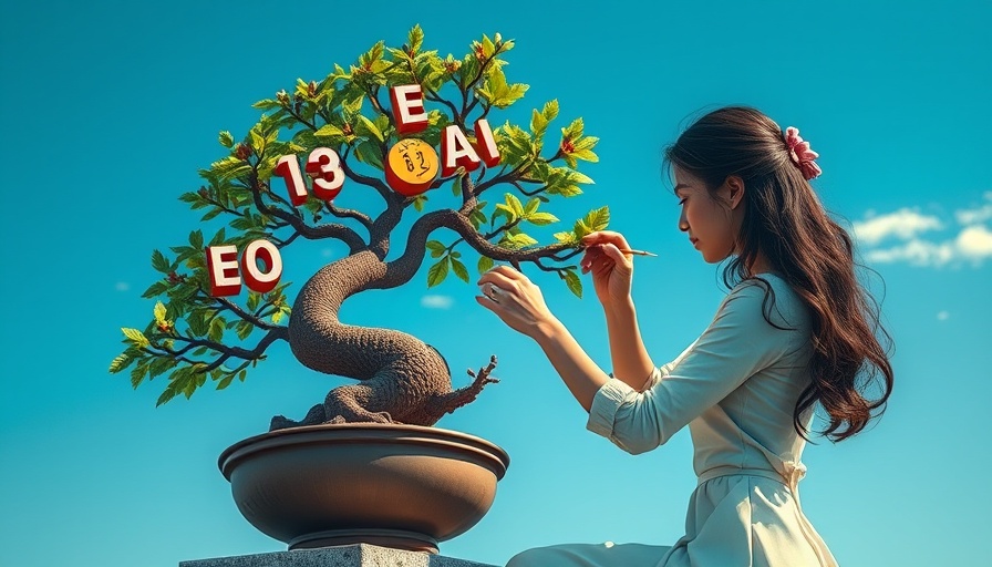 Creative illustration of AI automation represented by bonsai tree being shaped with data elements.