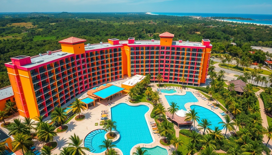 Aerial view of vibrant hotel and pools at Universal Orlando.