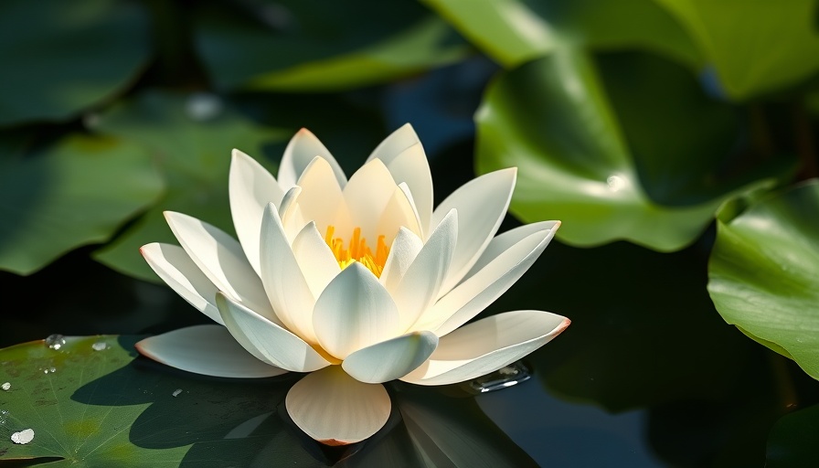 Peaceful white lotus in sunlight, floating calmly.