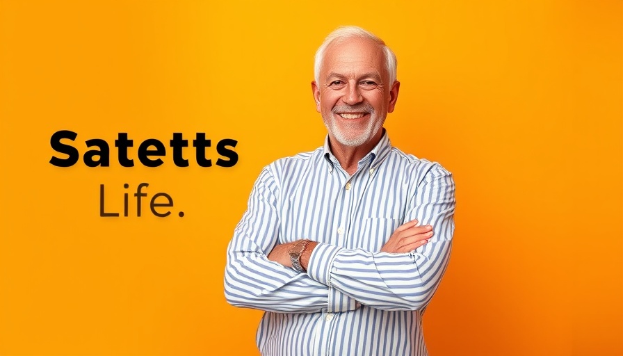 Confidently posed man on orange background with bold text.