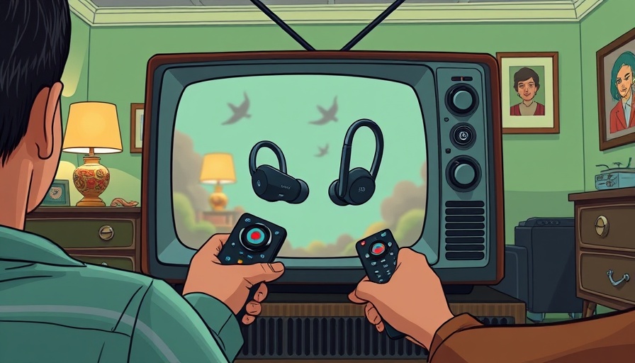 Cartoon Sony WF-1000XM5 earbuds on vintage TV screen.