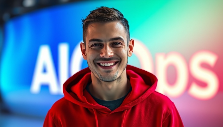 AIOps transforming IT operations concept with smiling man and gradient backdrop.