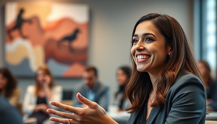 Young woman speaking at business event, engaging in AI discussion.