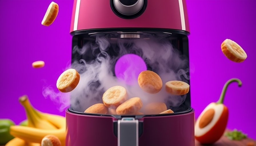 Modern air fryer with bananas and peppers, highlighting recipes for busy entrepreneurs.