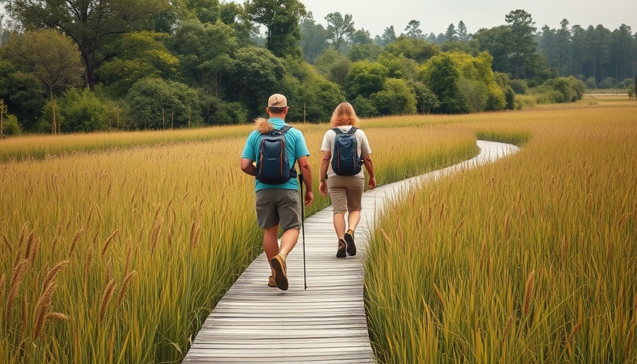 Hikers explore a wooden trail in a marshland for outdoor activities in Florida.