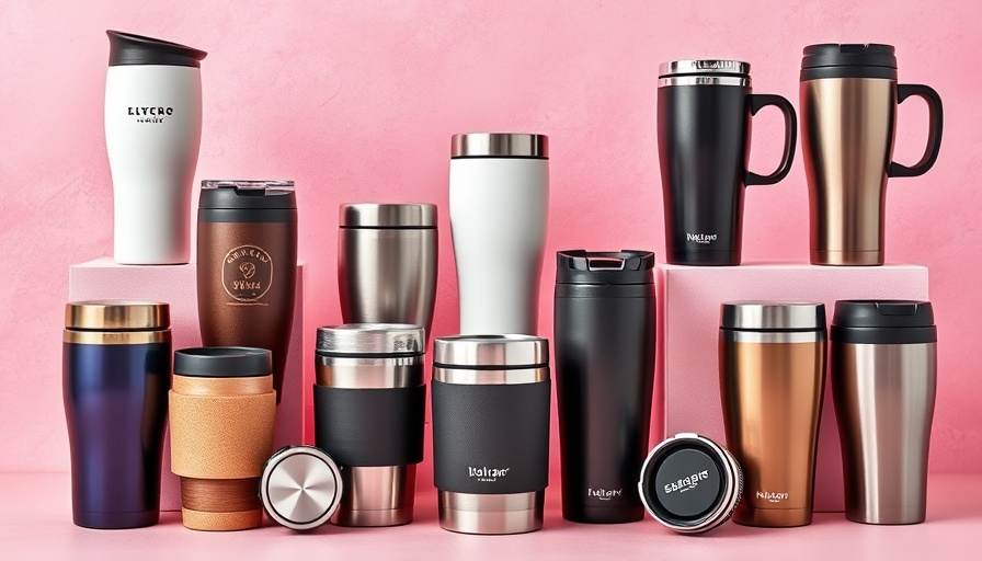 Assorted best travel coffee mugs on a pink background.
