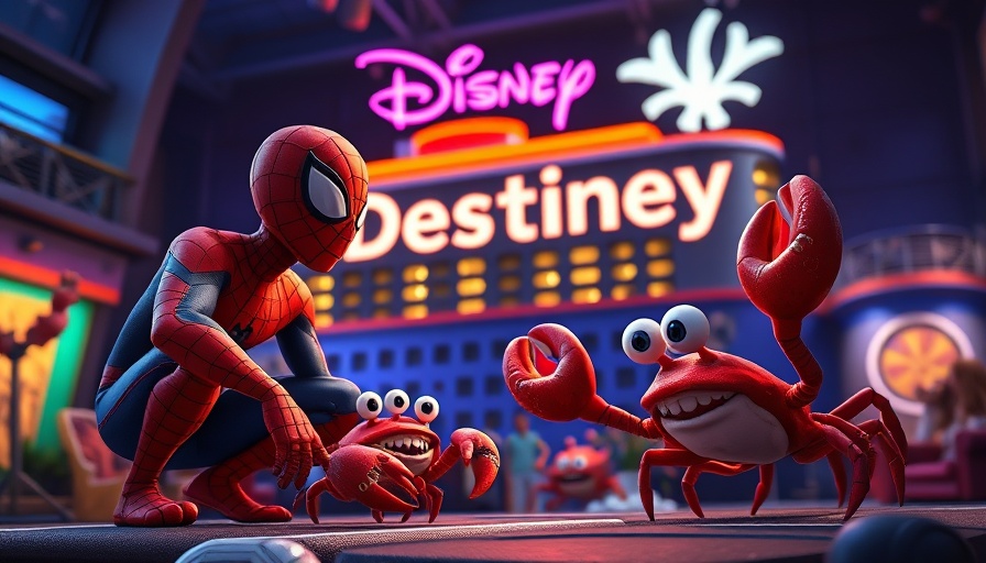 Disney Destiny cruise ship preview featuring Spiderman and cartoon crabs.