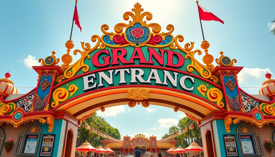 Universal Epic Universe entrance sign with vibrant colors and intricate design