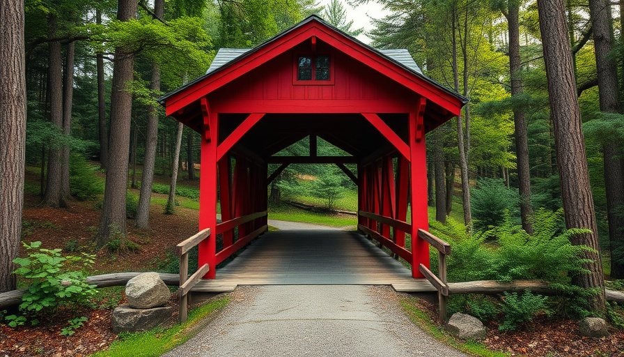 Charming red covered bridge amidst lush greenery for outdoor activities in Florida.