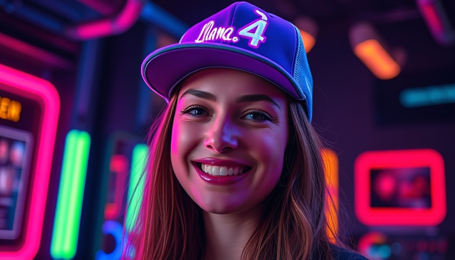 Smiling woman in Llama 4 cap with neon lights, futuristic style