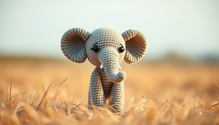 Cute knitted elephant on grassy field under soft light.
