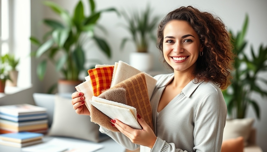 Home design expert offering fabric advice, surrounded by swatches and decor.