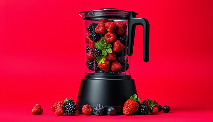 Modern black blender with berries, red and purple gradient background.