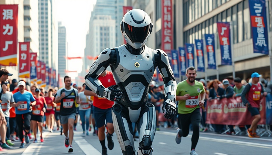 Robot half-marathon with humanoid robot and organizers in a city event.