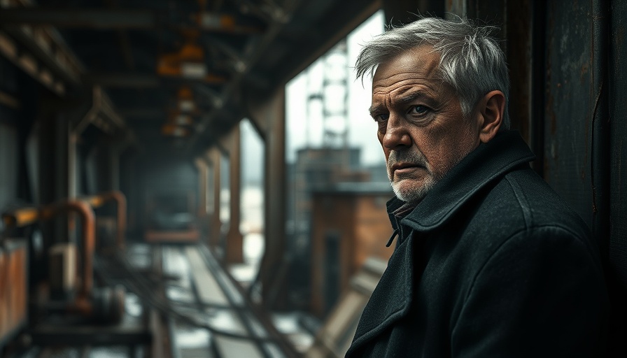 Gritty industrial scene with a man looking out from a building.