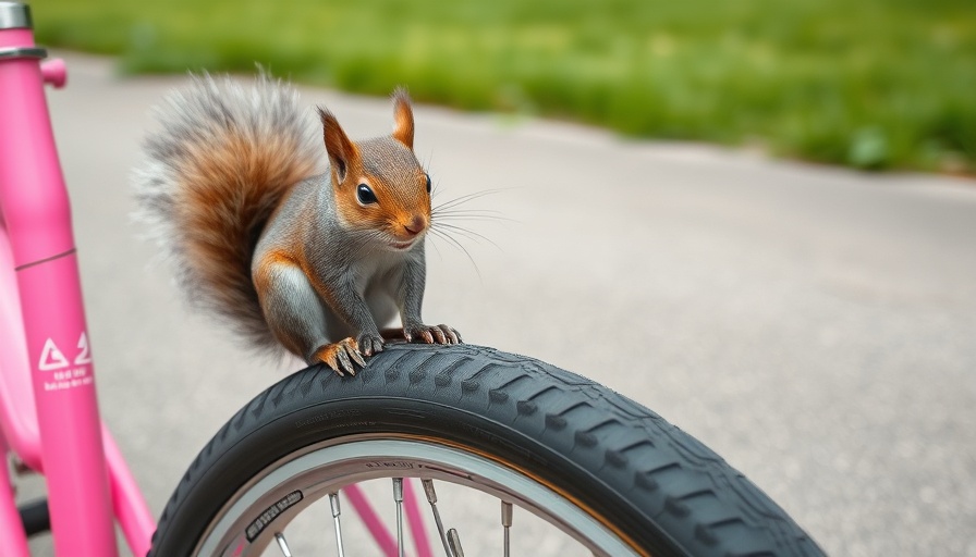 Curious squirrel on a pink bicycle tire in Florida