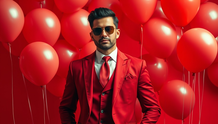 Creative photo of a man in a red suit with balloons, embodying a creative culture.