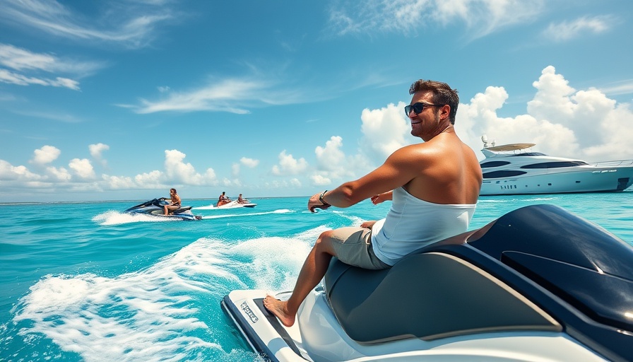 Man on jet ski in tropical sea for Fyre Festival music streaming service.