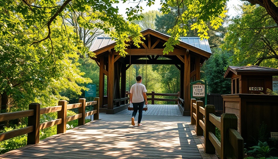 Historic swinging bridge, part of outdoor activities in Florida, person walking across.