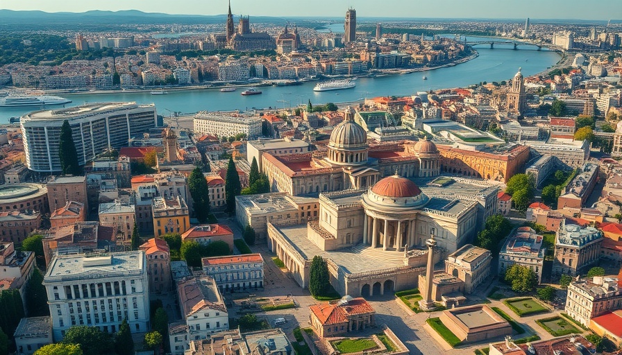 Modern city and ancient Roman city overlay in aerial view, home design contrast.