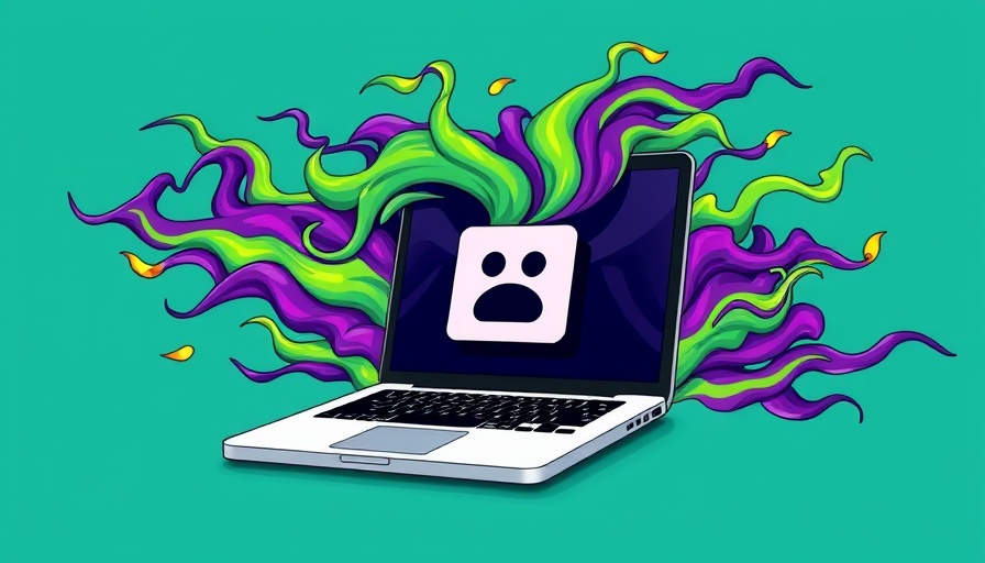 Cartoonish laptop with sad Mac icon and digital flames, highlight malware removal.