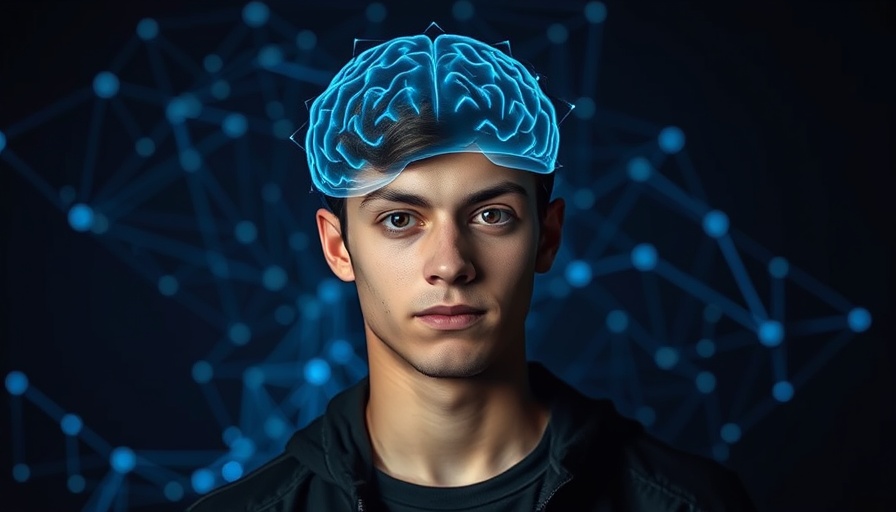 Confident young man with digital brain pattern and dramatic lighting.