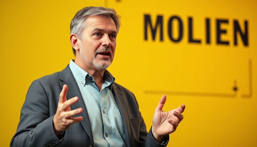 Power of storytelling in business: speaker gesturing confidently.