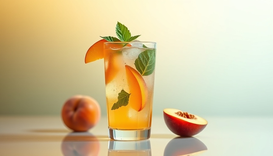 Artisanal cocktails for summer, featuring a basil and peach adorned drink against a gradient backdrop.