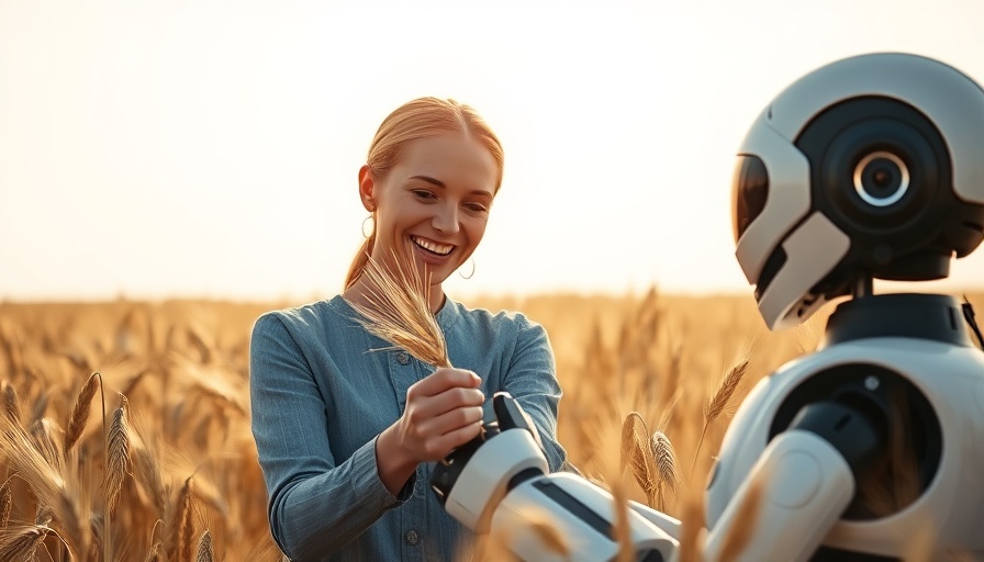 Smiling woman and robot in wheat field, exploring AI risks.